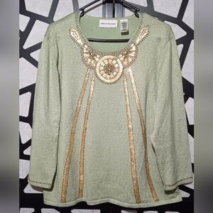 Alfred Dunner - Embellished Long-sleeve Knit Top - Mint Green / Gold - XL